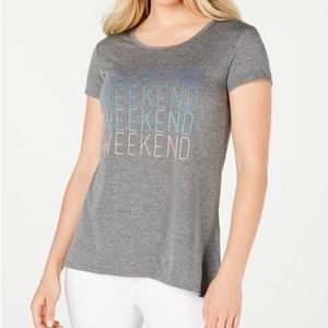 NWT XXL Ideology Deep Charcoal Weekend Graphic Split-Back Short Sleeve Knit Top